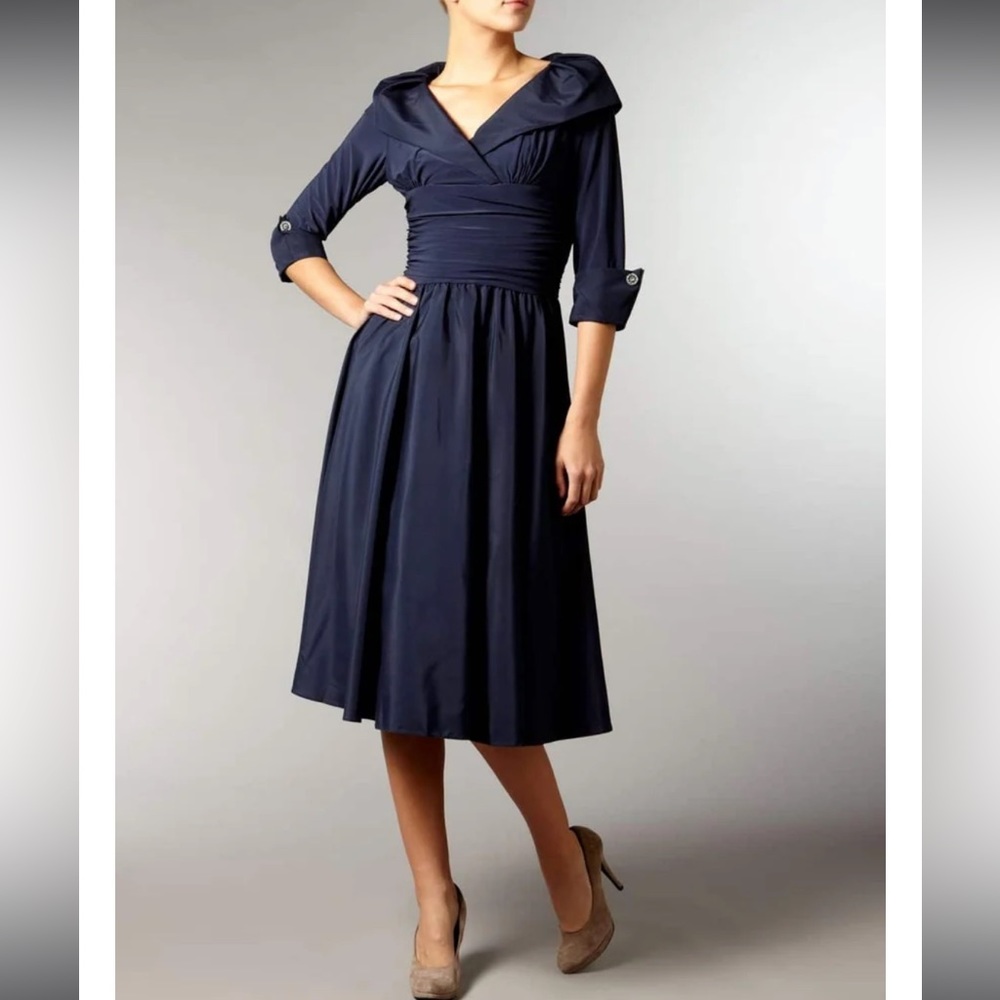 ELIZA J Cuff Sleeves V Neck blue Ruched Waist